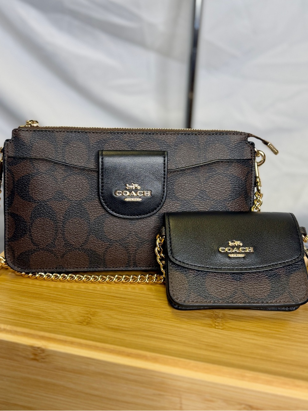 COACH Poppy Coated Canvas Signature Logo Black Brown Crossbody Bag Wallet Card